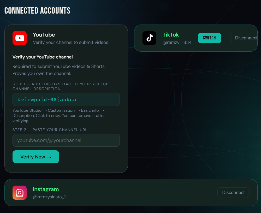 Connecting social media accounts on ViewPaid