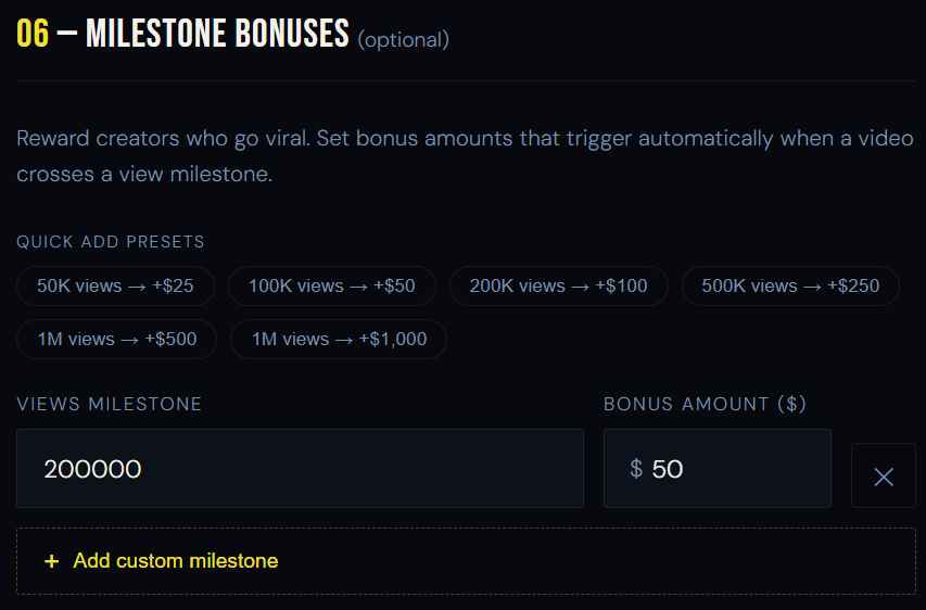 Adding milestone incentive bonuses